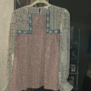 Entro Patchwork Blouse with Blue and Brown Patterns